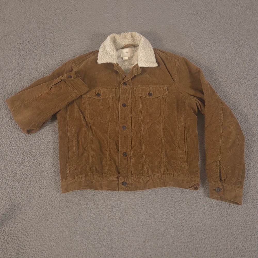 H&M Jacket Mens Large Brown Corduroy Trucker Faux Shearling Lined LOGG Coat
